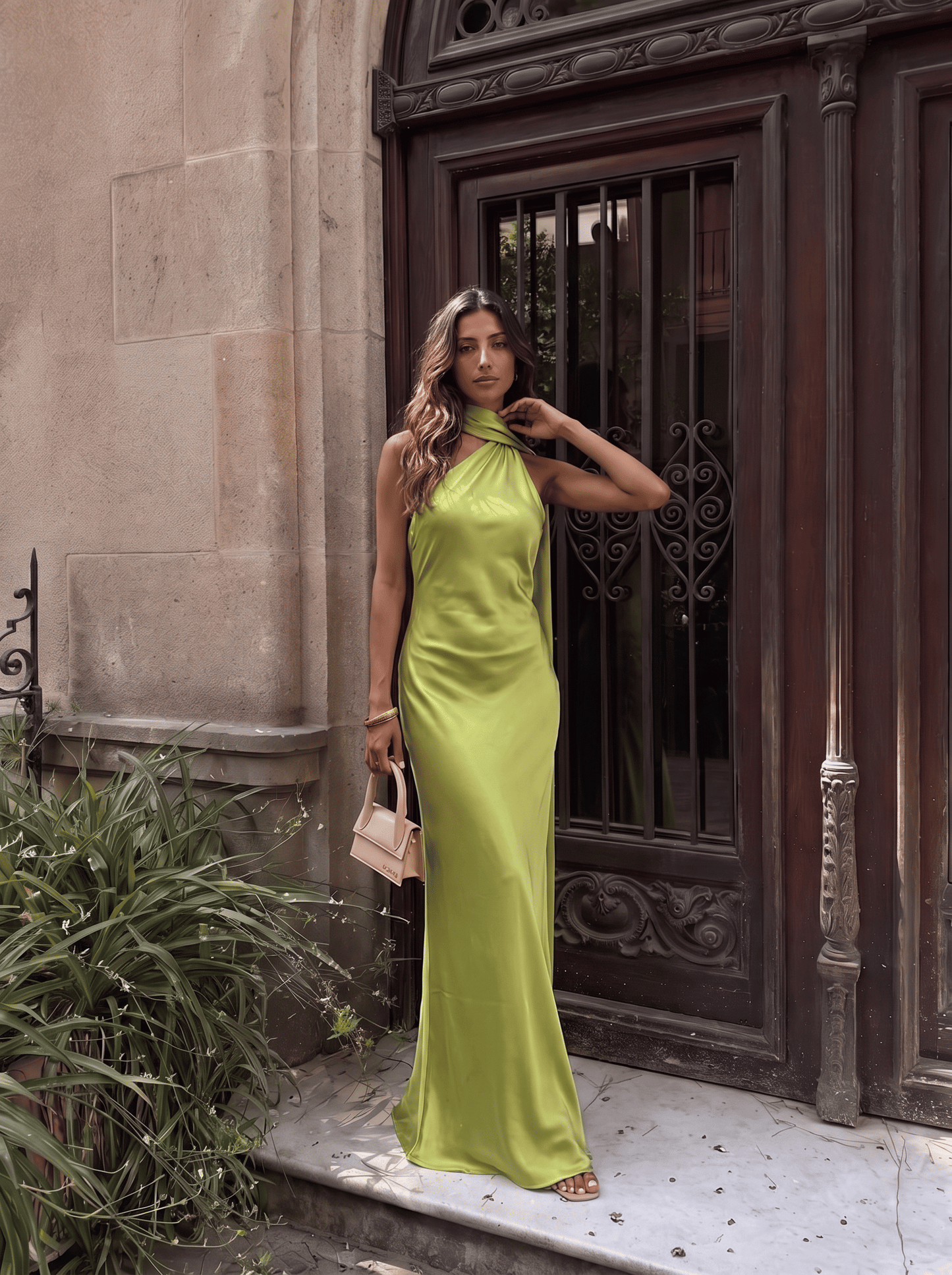 Vestido largo satinado con cuello halter