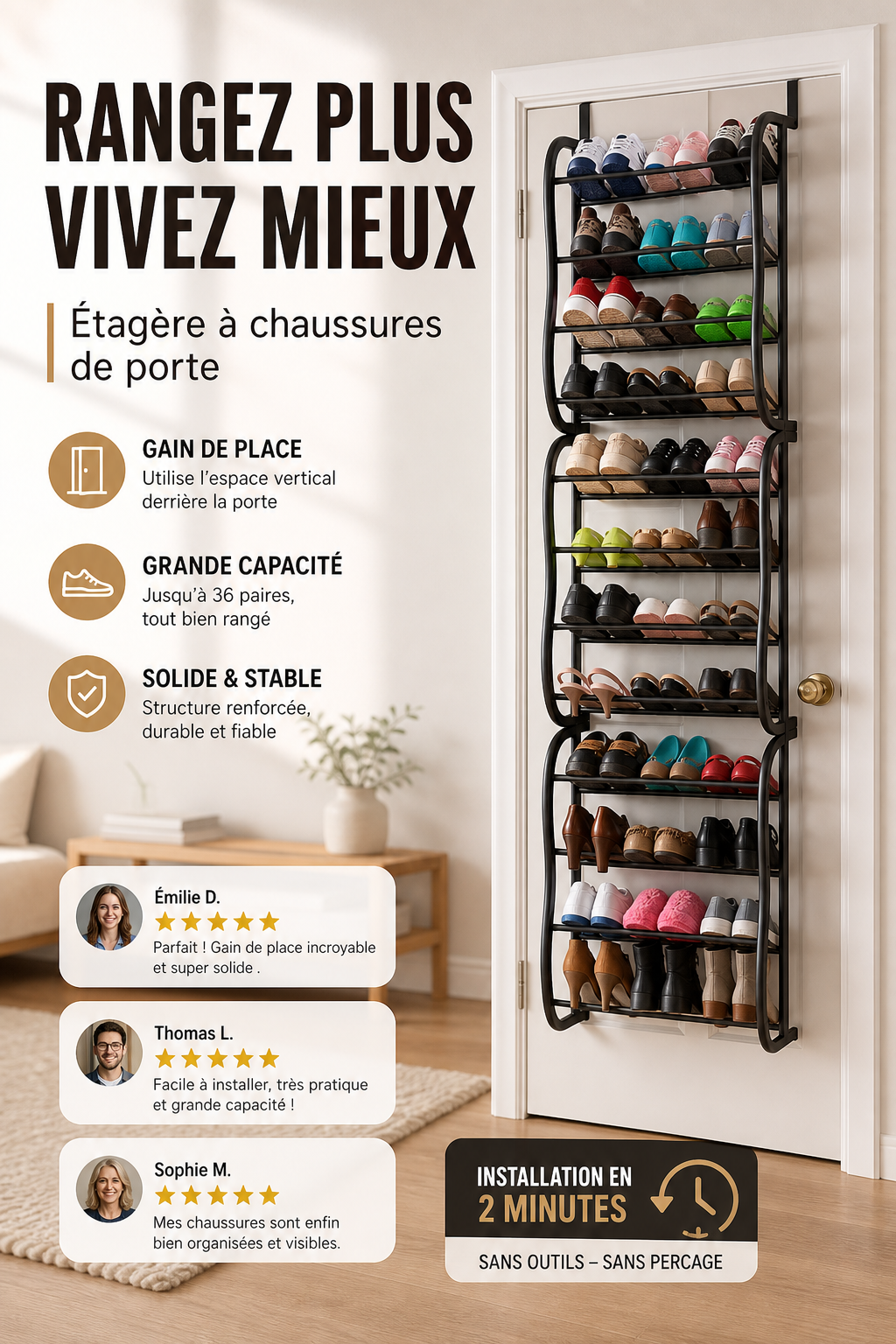 -50% Aujourd’hui 🔥👠 Étagère à Chaussures Suspendue 36 Paires
