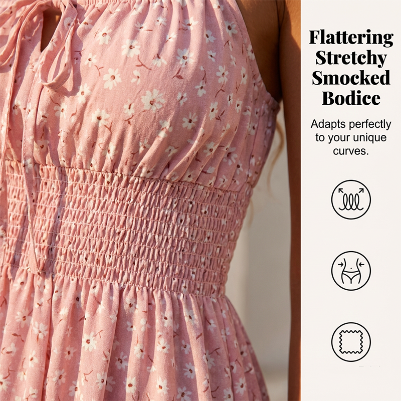 👗 PROMO LIMITÉE 50% DE RÉDUCTION ! ✨ Robe à Laçage Devant & Bretelles Spaghetti – Taille Smockée, Jupe A-Line à Volants 🌸