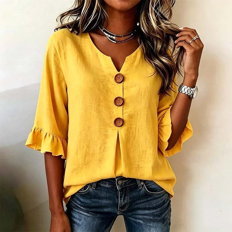 👚 50% DE RÉDUCTION 🌸 Blouse à col en V et manches à volants – Tissu fluide & léger – Parfaite pour un look romantique ou chic au quotidien – facile à associer avec jean ou jupe ✨🌿