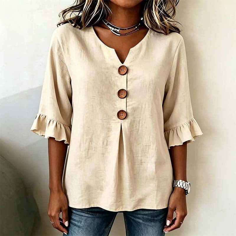 👚 50% DE RÉDUCTION 🌸 Blouse à col en V et manches à volants – Tissu fluide & léger – Parfaite pour un look romantique ou chic au quotidien – facile à associer avec jean ou jupe ✨🌿
