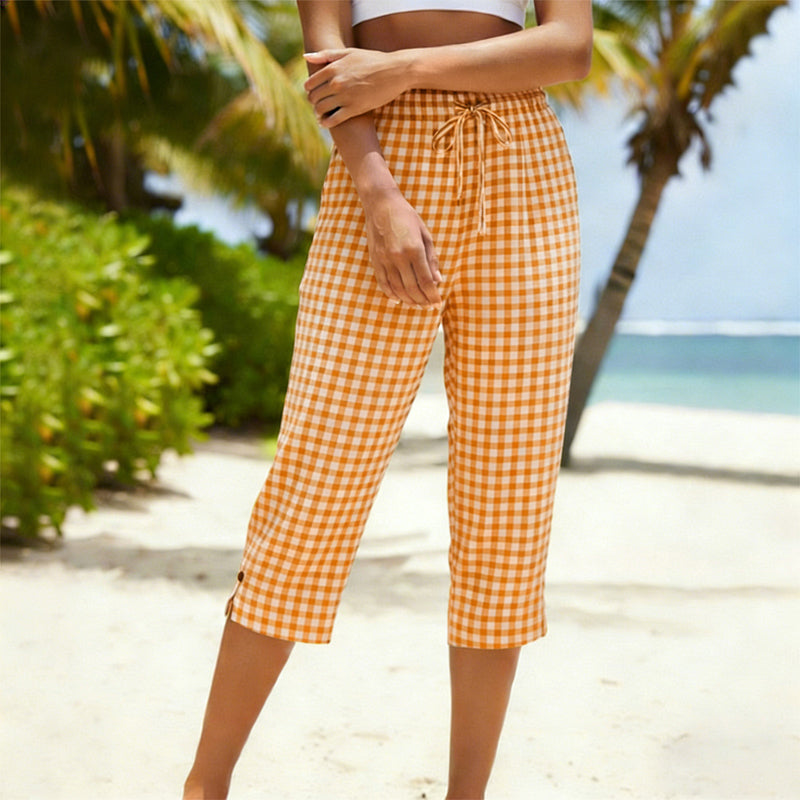 👖💐 PROMO FLASH 58% ! Pantalon Capri à Carreaux Femme – Tissu Coton-Lin Respirant, Taille Élastique à Cordon, Poches Latérales, 8 Coloris, Tailles S-3XL, Idéal Été & Vacances ✨☀️