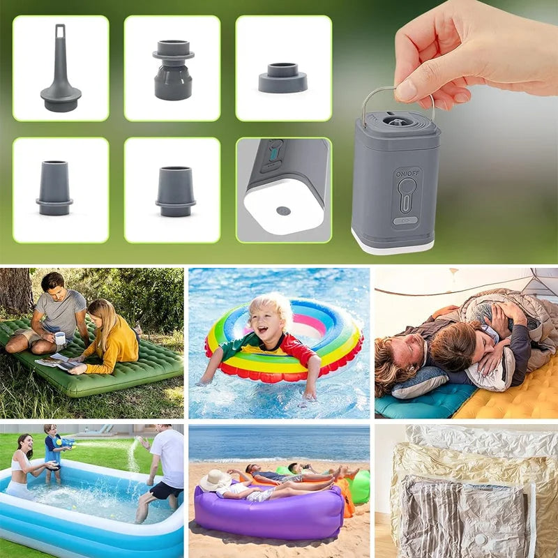 🏕️ Pompe à Air Camping Rechargeable – Lumière LED, Gonflage Rapide, Compacte 🔋