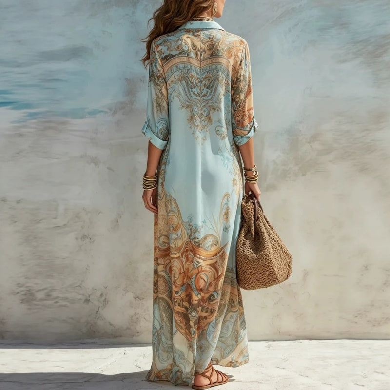 👗 56% DE RÉDUCTION 🌺 Robe longue imprimée bohème – coupe fluide, col V et boutons devant – tissu léger et respirant – idéale pour les belles journées d’été