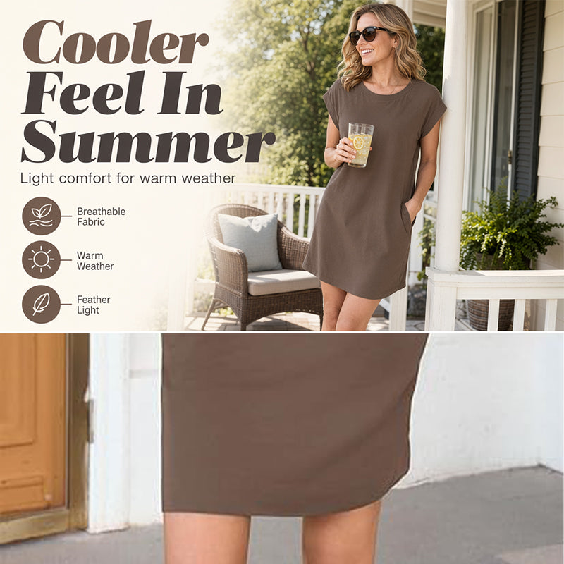 -50% Exclusif | Robe Décontractée en Coton Mélangé | Col Rond Respirant & Manches Courtes | Coupe Ample Robe Midi Été Femme