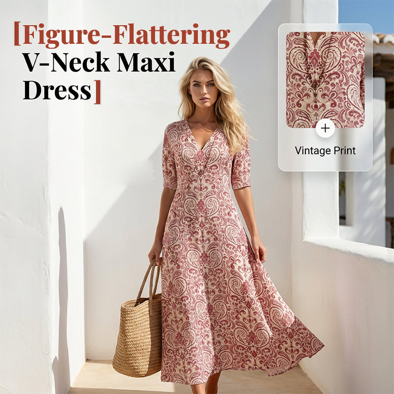 ⏰ -50% – Offre limitée ! ✨👗 Robe Longue Femme Col V & Imprimée – Manches courtes, légère & polyvalente pour le quotidien, la plage et les vacances