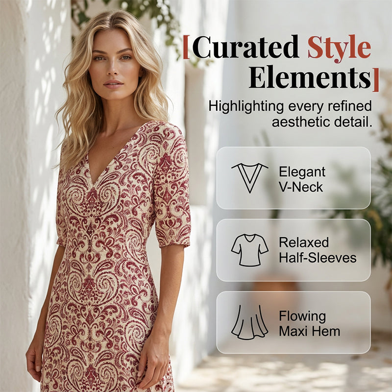 ⏰ -50% – Offre limitée ! ✨👗 Robe Longue Femme Col V & Imprimée – Manches courtes, légère & polyvalente pour le quotidien, la plage et les vacances