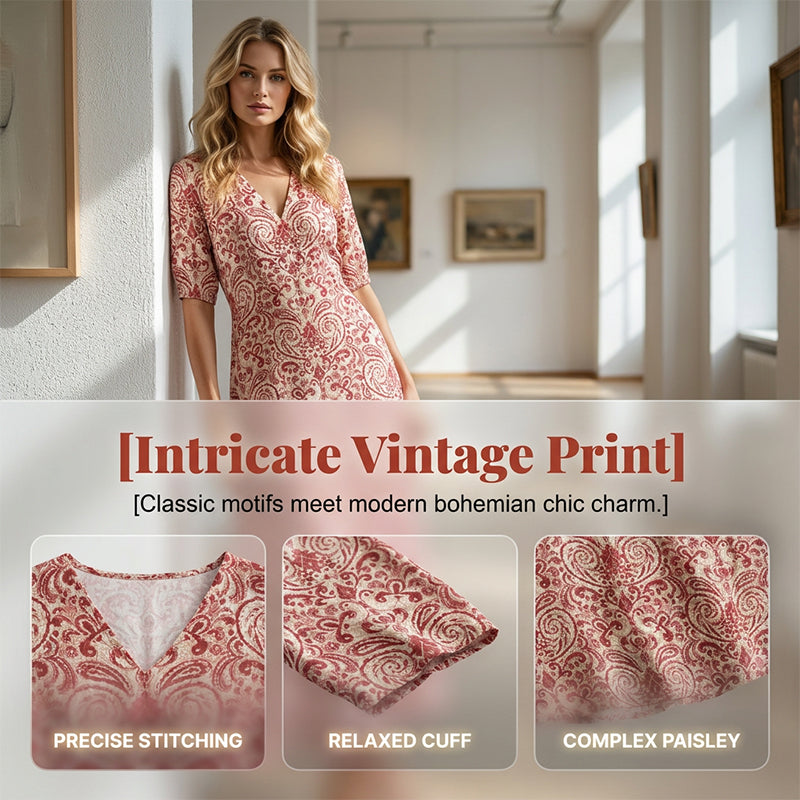 ⏰ -50% – Offre limitée ! ✨👗 Robe Longue Femme Col V & Imprimée – Manches courtes, légère & polyvalente pour le quotidien, la plage et les vacances