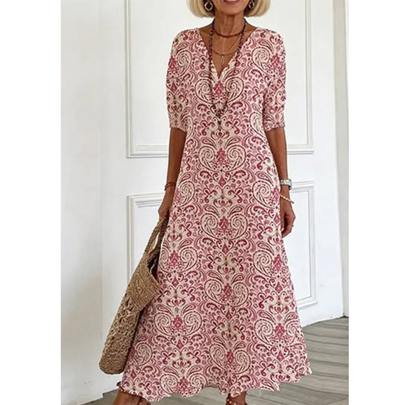 ⏰ -50% – Offre limitée ! ✨👗 Robe Longue Femme Col V & Imprimée – Manches courtes, légère & polyvalente pour le quotidien, la plage et les vacances