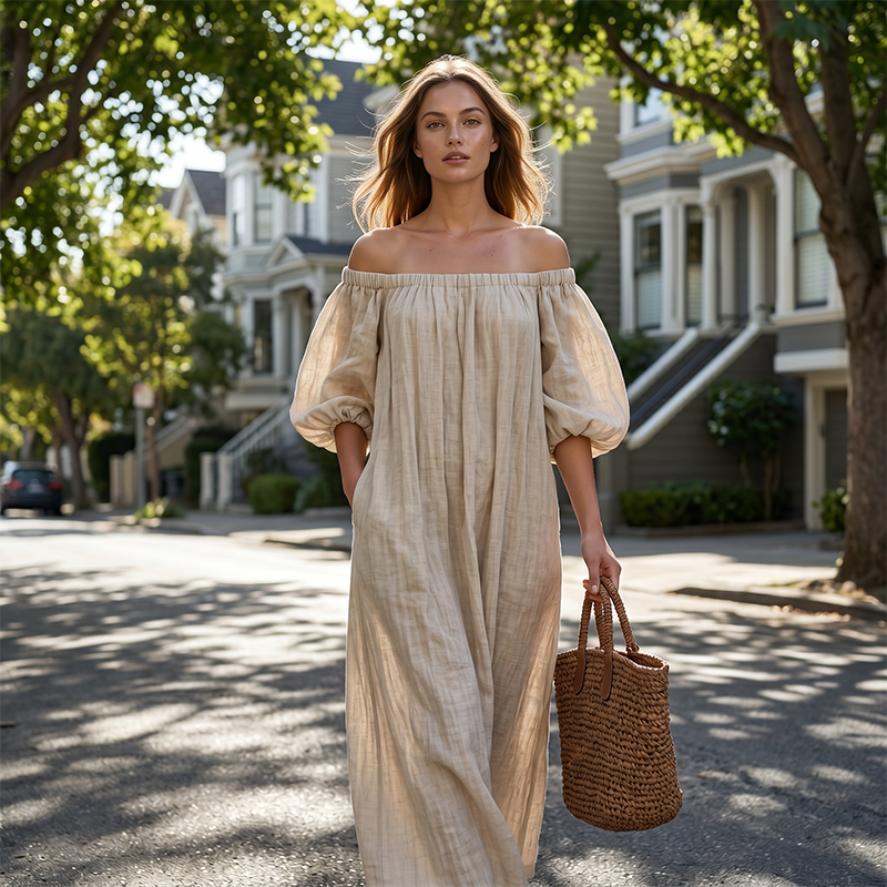👗 -50% MAINTENANT ! 🌸 Robe Maxi Épaules Dénudées Femme – Manches lanternes & coupe fluide – Parfaite pour les soirées d'été ou les soirées romantiques – élégante et légère ✨🌿