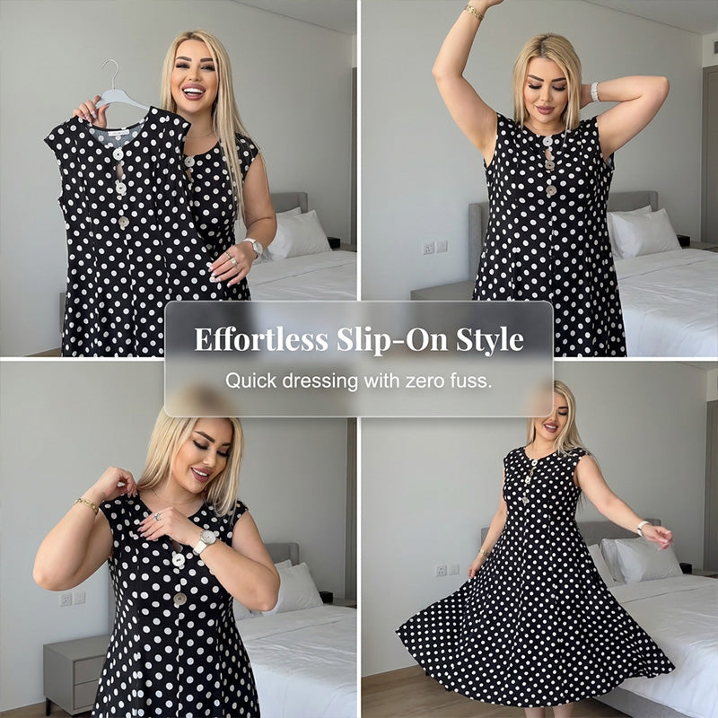 👗 50% DE RÉDUCTION  🌿 Robe Mi-Longue Femme Grande Taille à Pois Sans Manches – Été