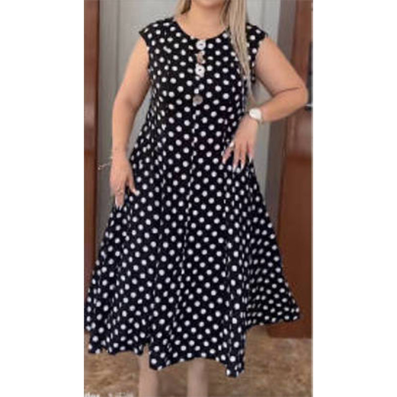 👗 50% DE RÉDUCTION  🌿 Robe Mi-Longue Femme Grande Taille à Pois Sans Manches – Été