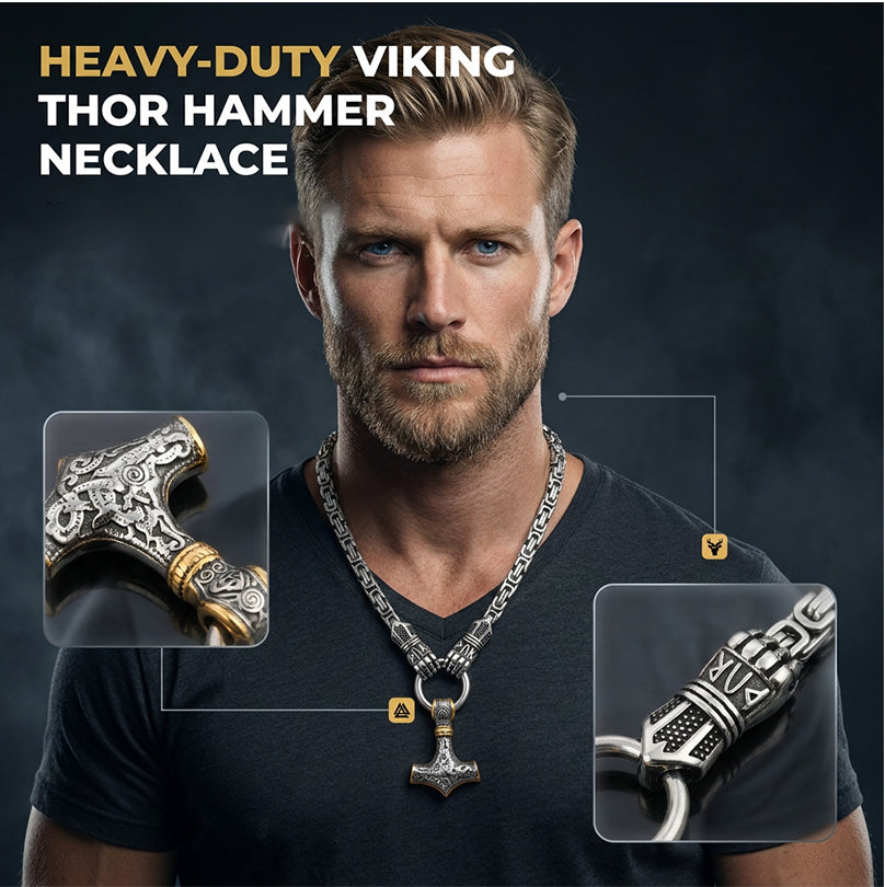 ⚡ 50% DE RÉDUCTION 🔥 Collier marteau Thor viking – Chaîne byzantine en acier inoxydable – Argent ou or, longueur 60–70 cm – bijou puissant pour un look nordique ou mystique 💪✨
