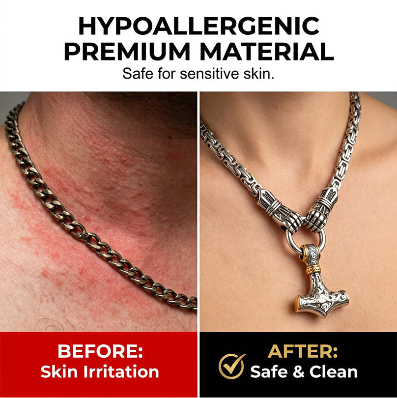 ⚡ 50% DE RÉDUCTION 🔥 Collier marteau Thor viking – Chaîne byzantine en acier inoxydable – Argent ou or, longueur 60–70 cm – bijou puissant pour un look nordique ou mystique 💪✨